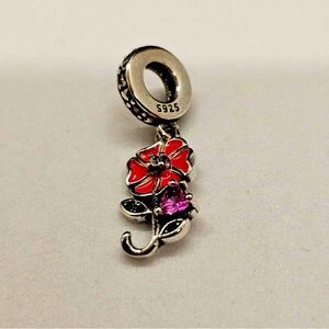 🌸 Sterling Silver Flower Dangle Charm with Purple Heart & Red Enamel Blossom